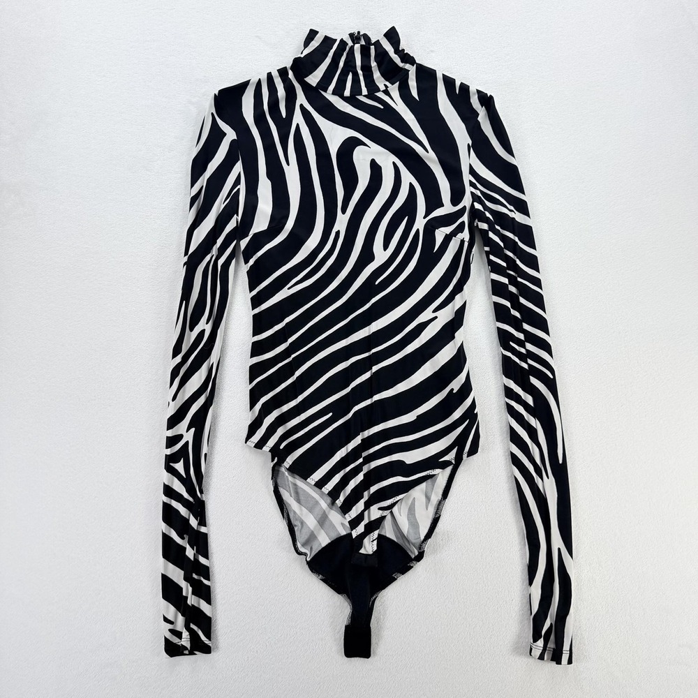 Versace Bodysuit Womens IT 38 Black Zebra Print Long Sleeve Turtleneck